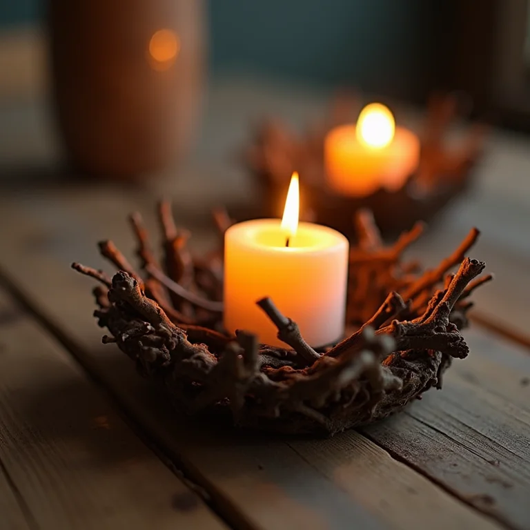 Porta-velas feito à mão com galhos secos e vela acesa