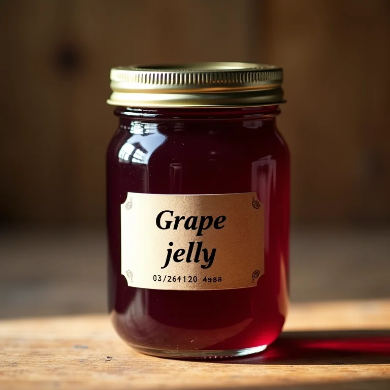 Pote de geleia de uva caseira com etiqueta de validade.