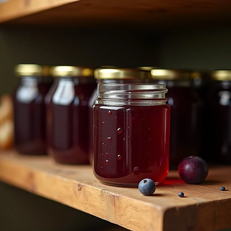 Potes de geleia de uva caseira armazenados em despensa.