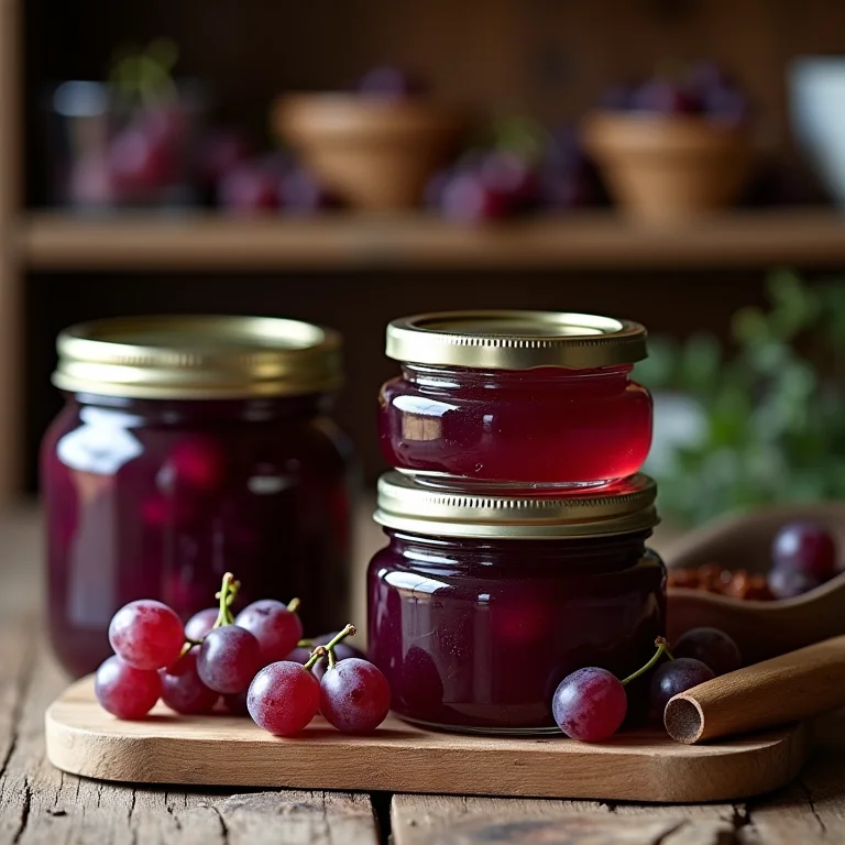 Prateleira com potes de geleia de uva e outros produtos caseiros.