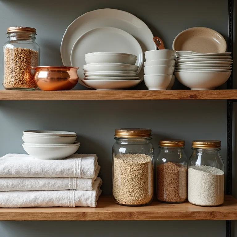 Prateleiras abertas de madeira rústica com utensílios de cozinha