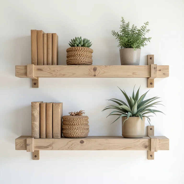 Prateleiras de madeira rústica otimizando espaço na parede.