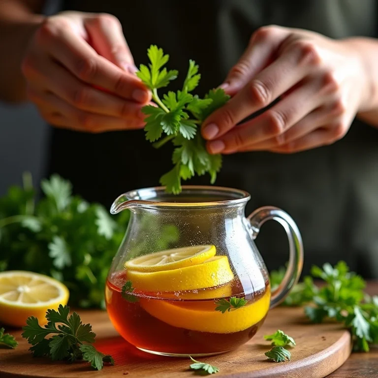 Preparando chá de coentro e limão em casa.