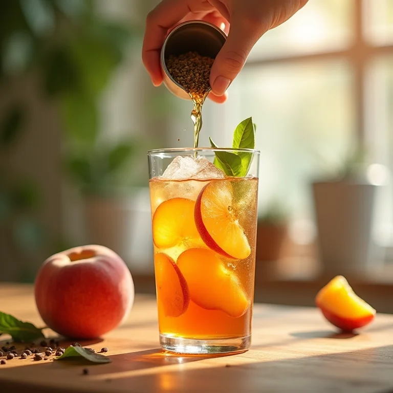 Preparando chá de mate com pêssego em fotografia de produto.