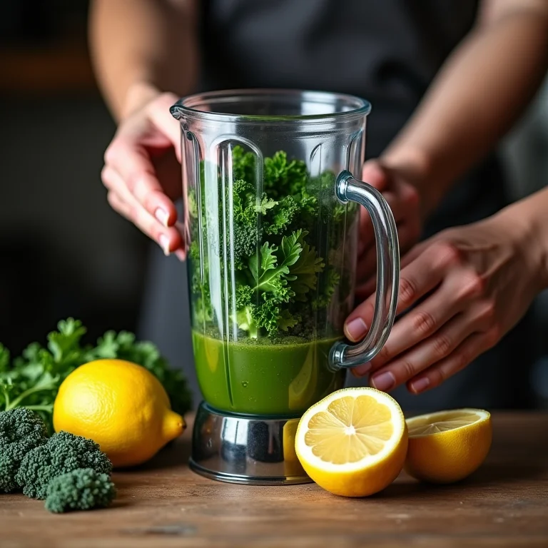 Preparando o suco de limão com couve no liquidificador.