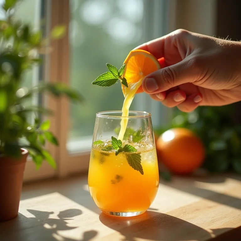 Preparando suco de laranja com hortelã