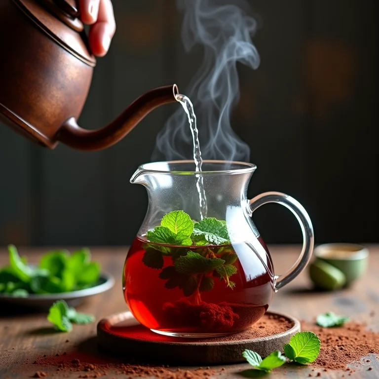 Preparo do chá de menta com chocolate: água quente sendo despejada sobre a menta e o chocolate.