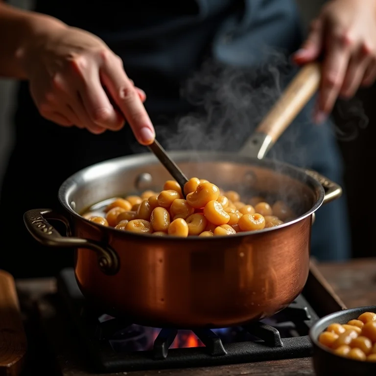 Preparo do doce de caju em panela de cobre sobre fogão a lenha.