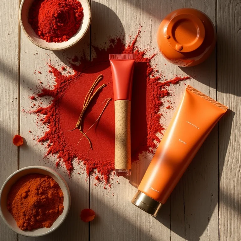 Produtos diversos feitos com urucum: batom, tempero, corante e protetor solar.