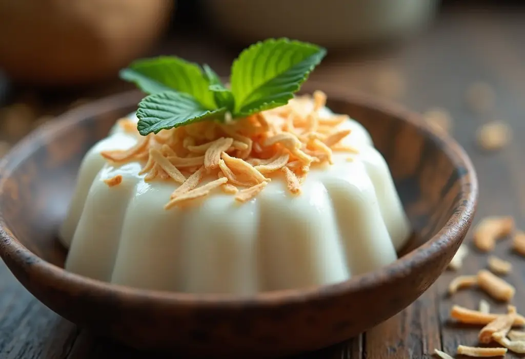 Pudim de coco: o truque para uma receita cremosa e irresistível Pudim de coco cremoso com coco ralado e hortelã