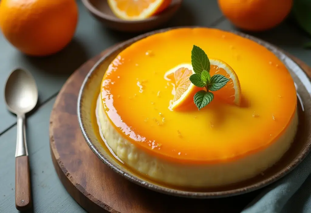 Pudim de Laranja Cremoso: Receita fácil que derrete na boca Pudim de laranja cremoso em mesa de madeira rústica.