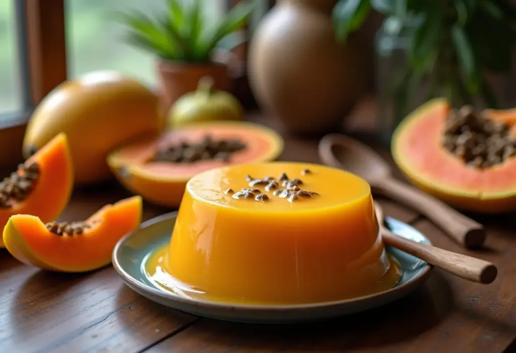 Pudim de Mamão caseiro em mesa rústica