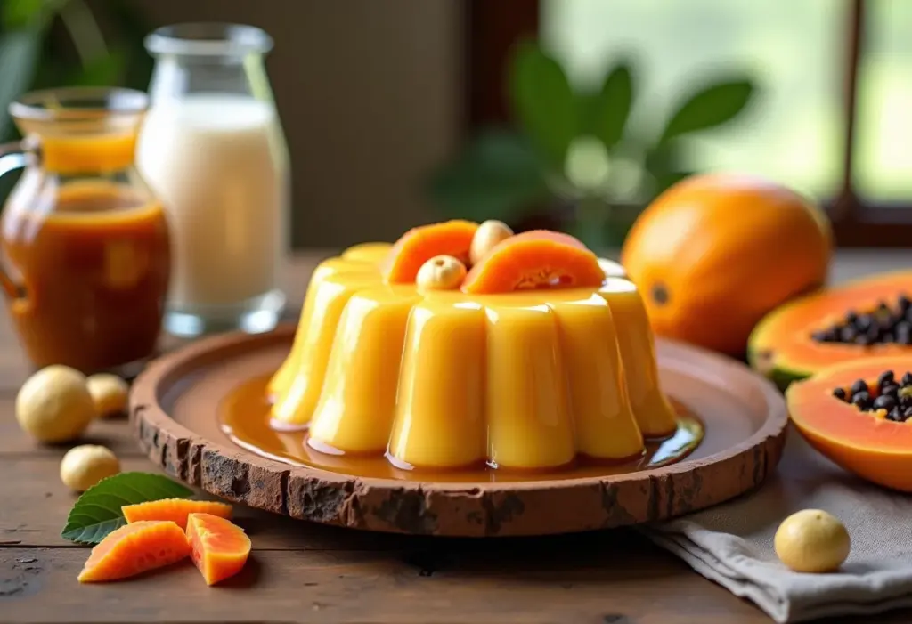 Pudim de mamão caseiro em mesa rústica com ingredientes frescos