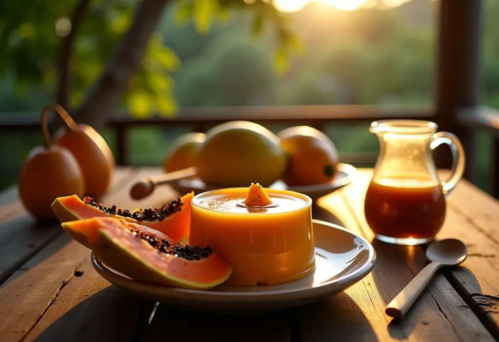 Pudim de Mamão caseiro em mesa rústica de fazenda brasileira.