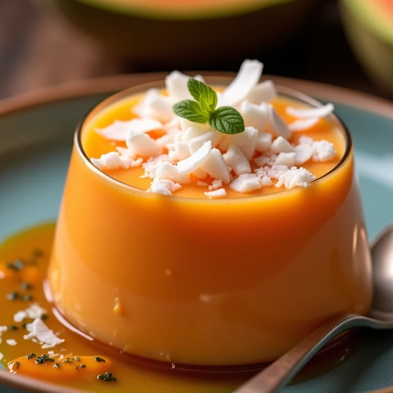 Pudim de Mamão com coco ralado e maracujá.