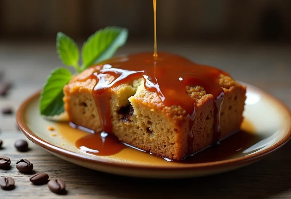 Pudim de pão com café cremoso em prato rústico