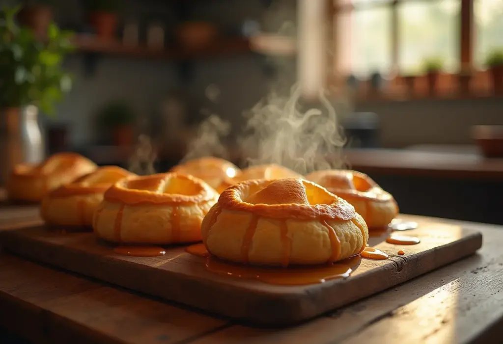 Pudim de pão de queijo com calda caramelizada.
