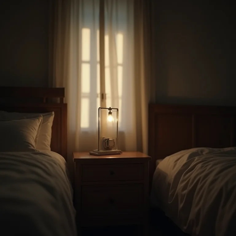 Quarto com iluminação suave e interruptor rústico na mesa de cabeceira.