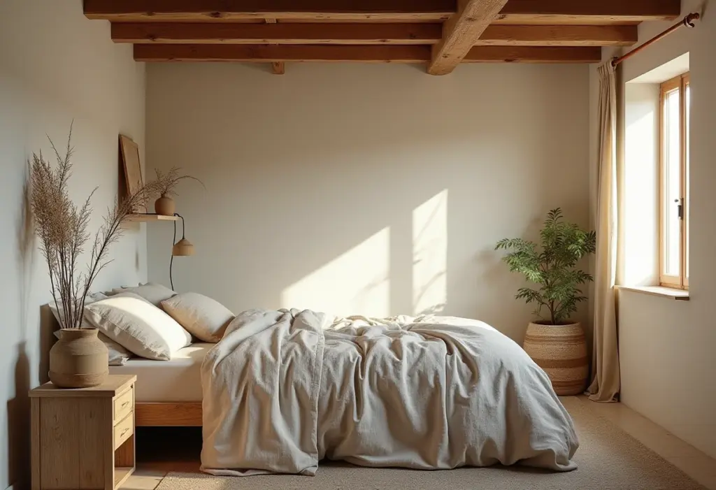 Quarto rústico pequeno com iluminação natural e decoração minimalista.