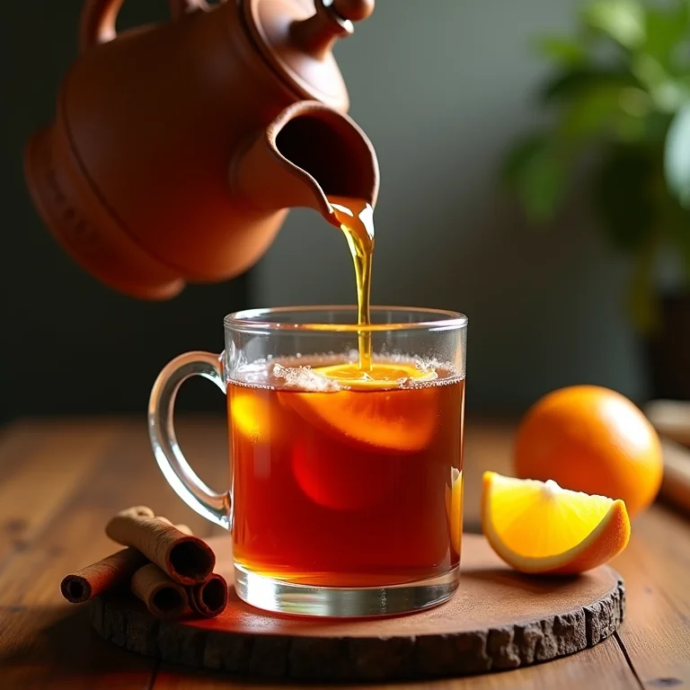 Quentão de vinho sendo servido em caneca rústica.