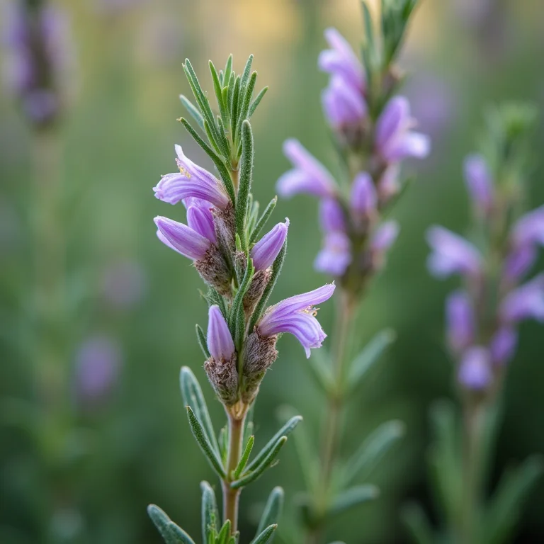 Ramos de alecrim com flores roxas em detalhes
