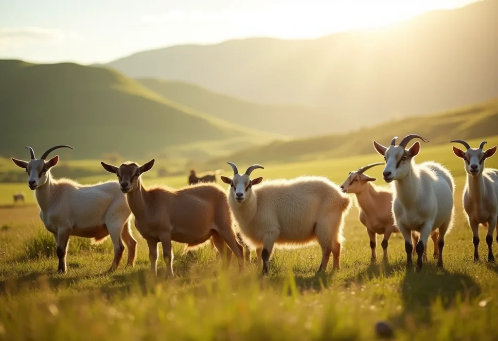 Rebanho diverso de cabras pastando em paisagem rural brasileira.