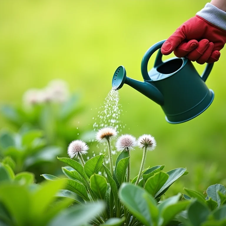 Regando as plantas de chicória com cuidado.