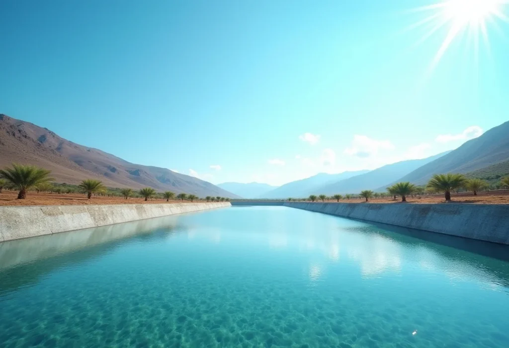 Reservatório de geomembrana armazenando água em área rural.