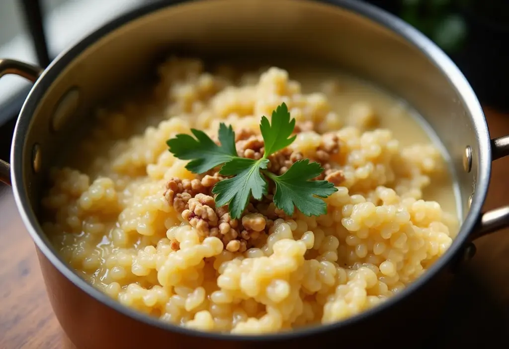 Risoto de Gorgonzola cremoso: receita fácil que vai te surpreender Risoto de gorgonzola cremoso sendo preparado em panela de cobre.