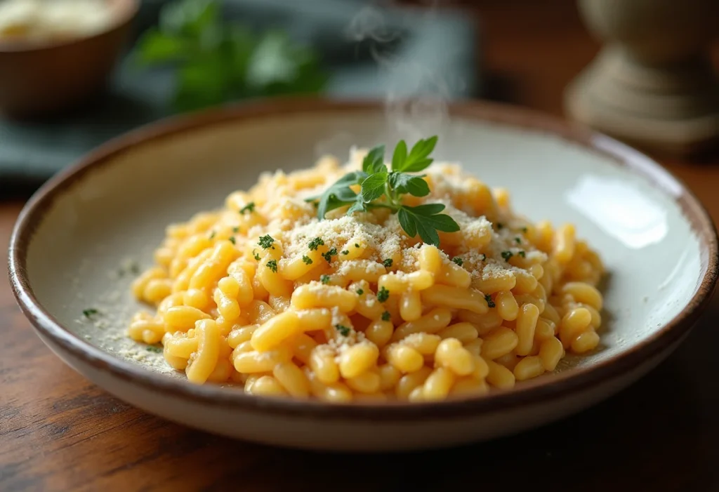 Risoto de quatro queijos cremoso sendo servido