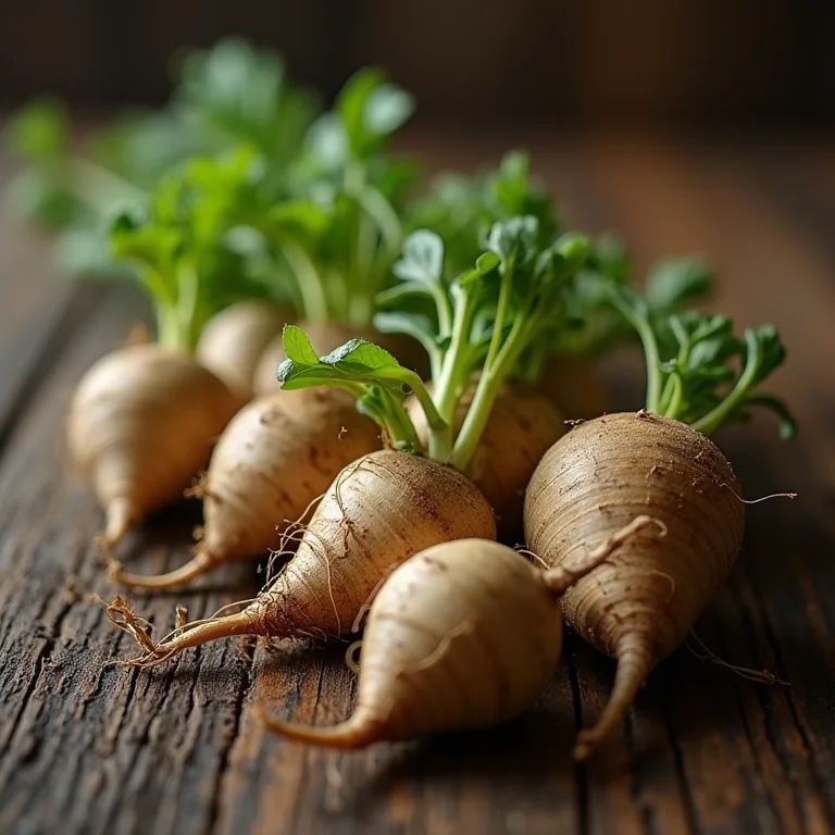 Rizomas e mudas de batata yacon em close-up.