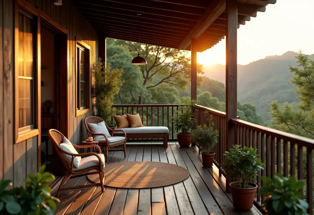 Sacada de apartamento decorada em estilo rústico mineiro