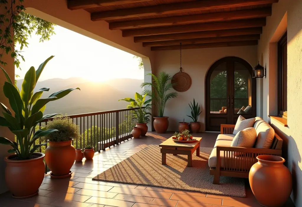 Sacada de apartamento decorada em estilo rústico mineiro