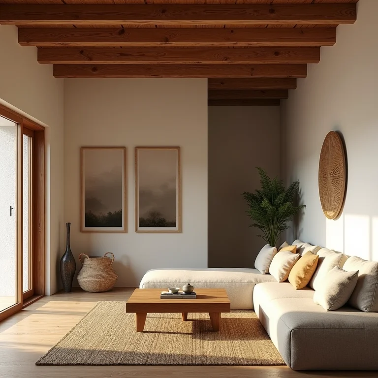 Sala com decoração minimalista e elementos naturais.