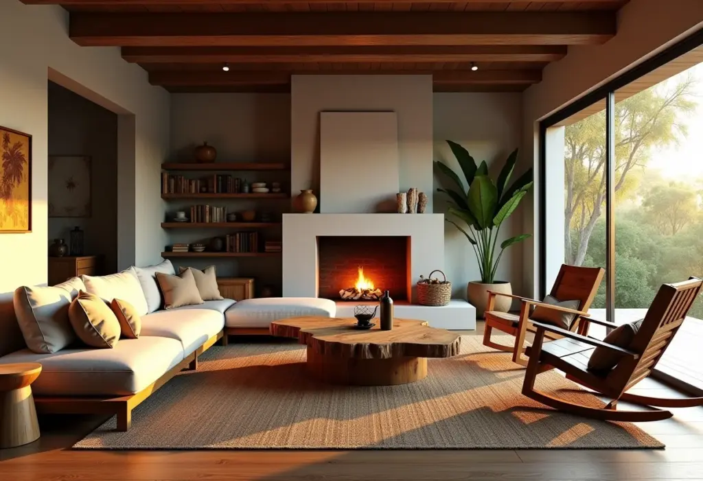 Sala de estar aconchegante com móveis rústicos mineiros