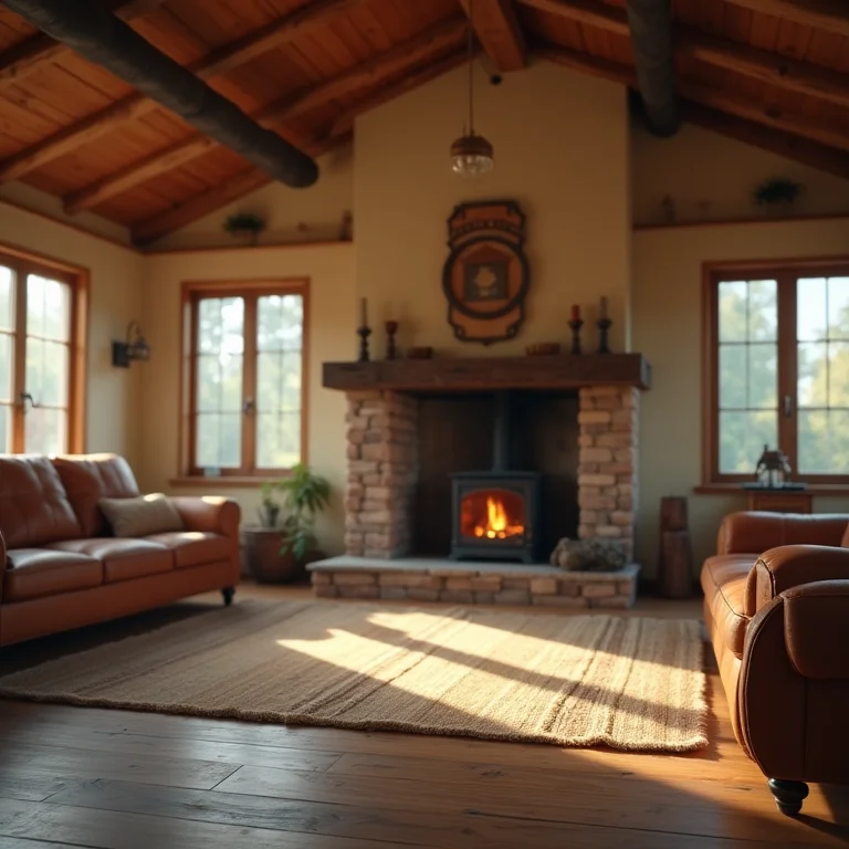 Sala de estar aconchegante em casa de campo com interruptor rústico em destaque.