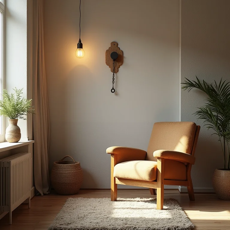 Sala de estar bem iluminada com interruptor rústico ao lado de uma poltrona confortável.