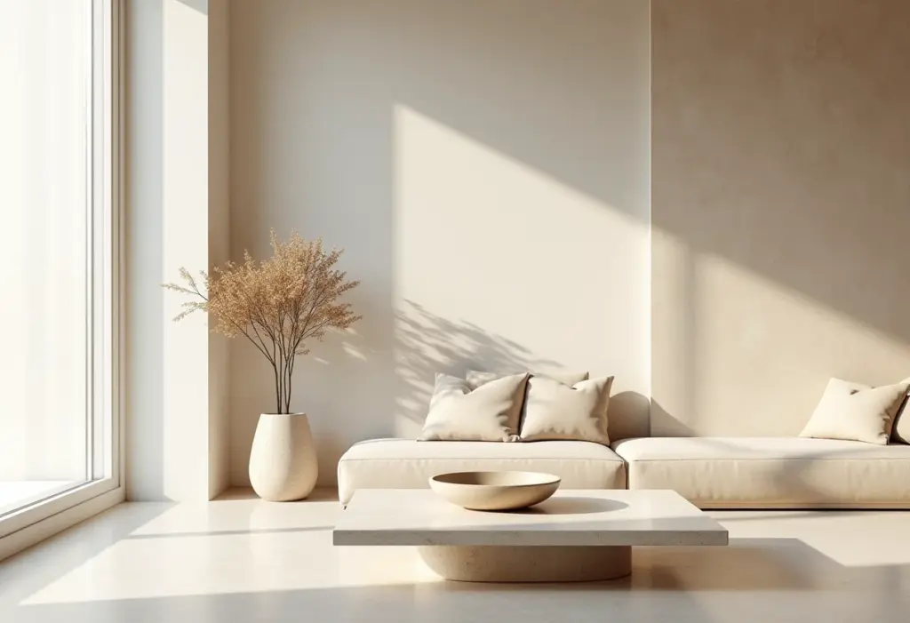 Sala de estar clean com detalhes em pedra sabão