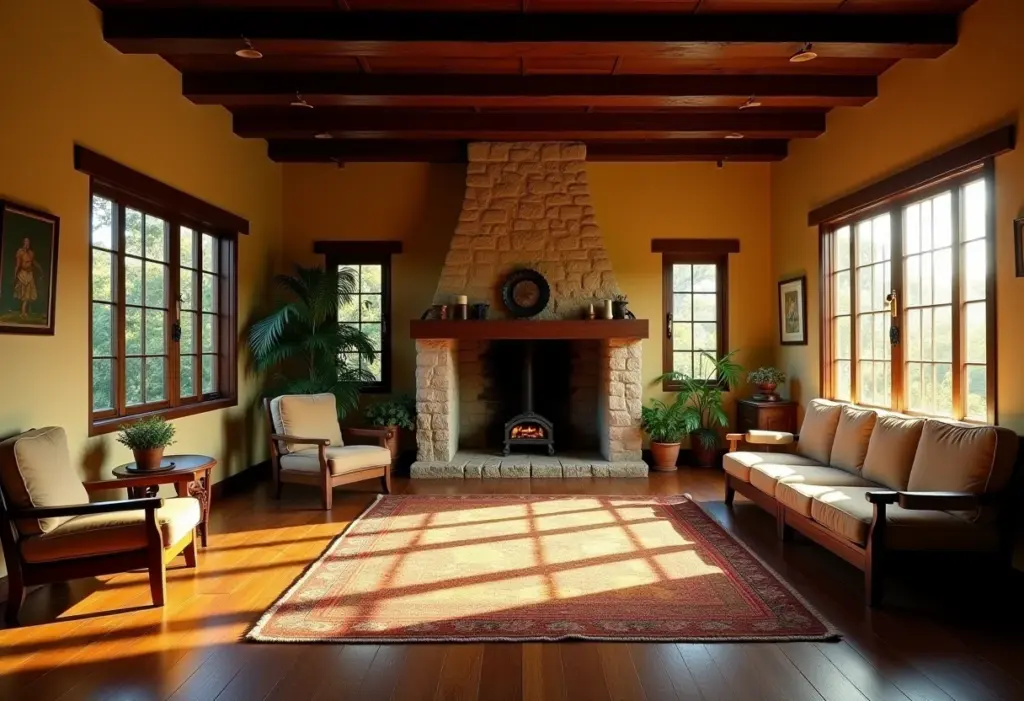 Sala de estar colonial mineira com móveis de madeira e lareira de pedra.