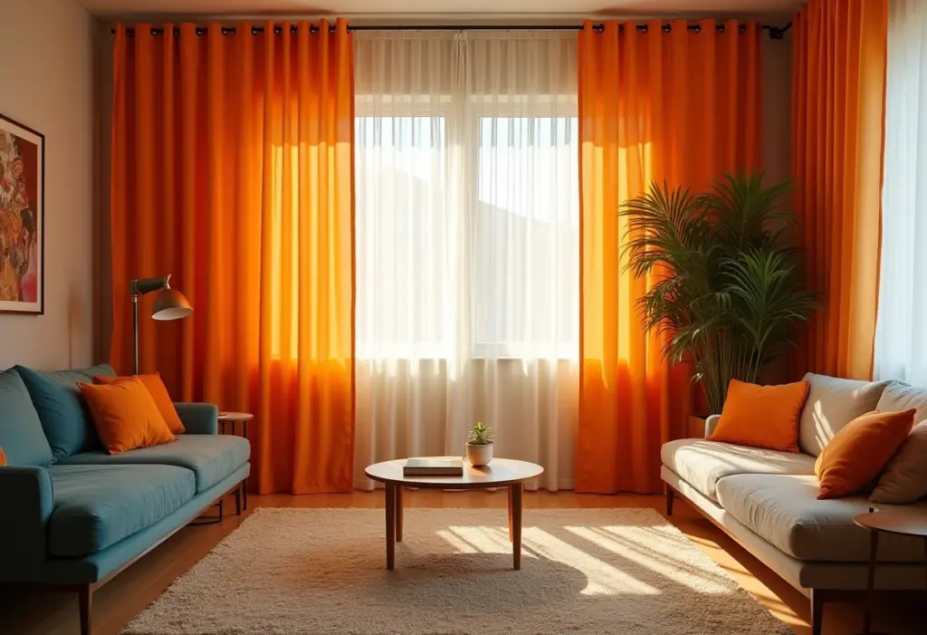 Sala de estar com cortina de chita colorida dividindo o ambiente