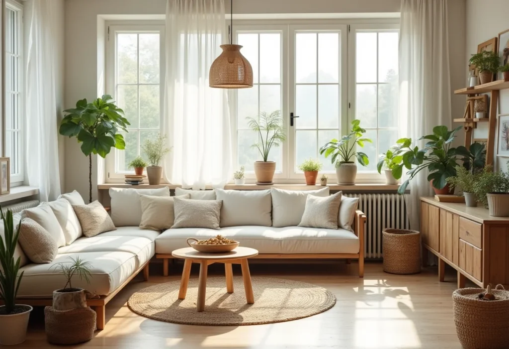 Sala de estar com decoração rústica clara e iluminação natural