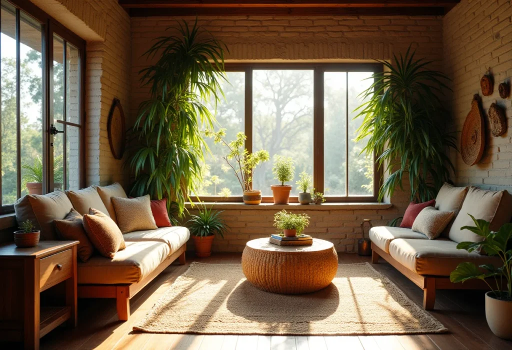 Sala de estar com decoração rústica e iluminação natural suave