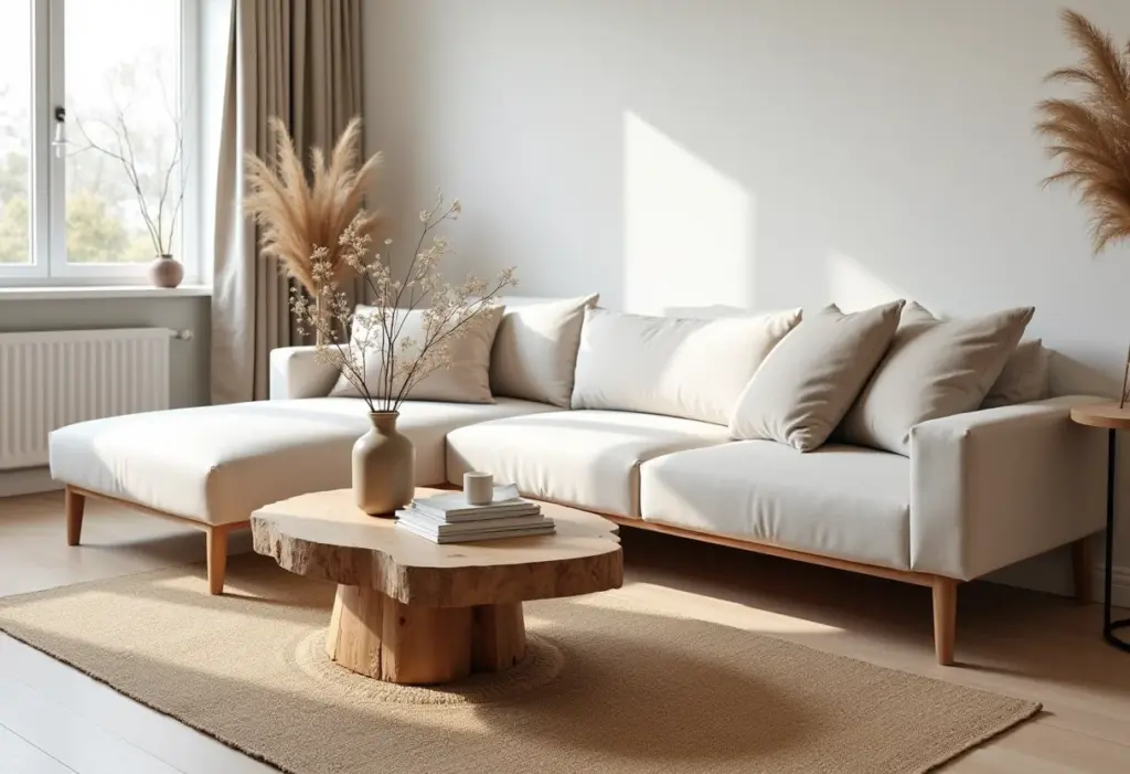 Sala de estar com decoração rústica e moderna.