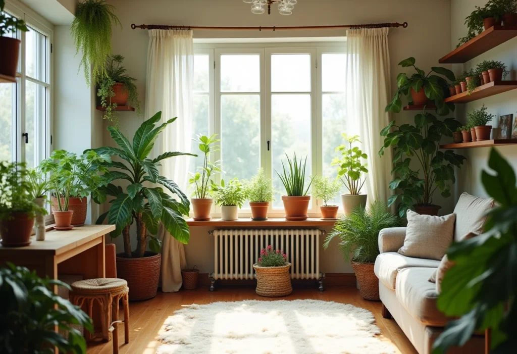 Sala de estar com decoração rústica e plantas