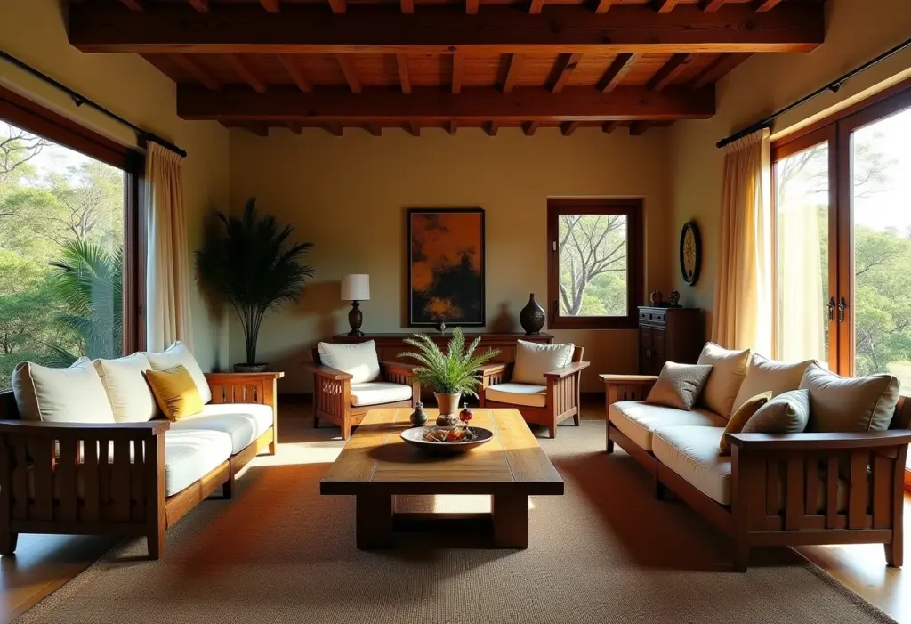 Sala de estar com móveis rústicos mineiros