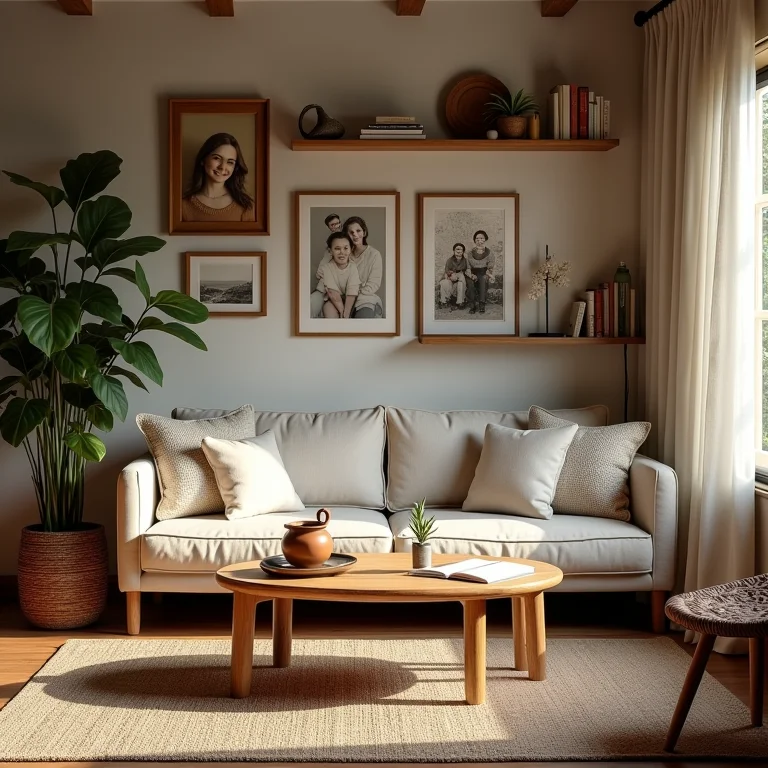 Sala de estar com objetos pessoais e decoração aconchegante.