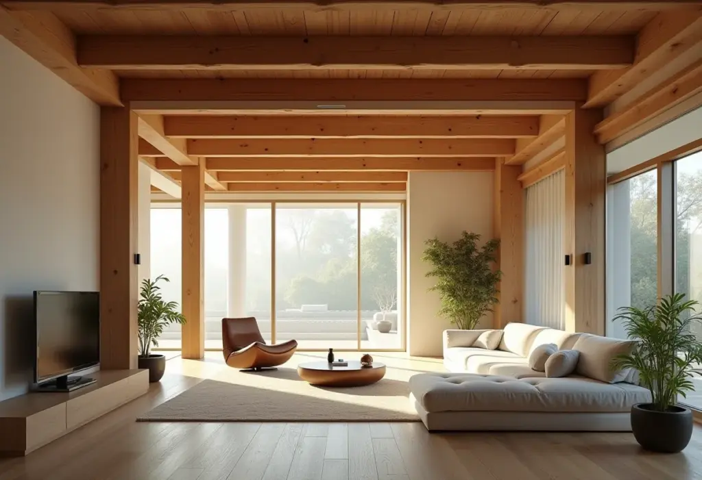 Sala de estar com vigas de madeira aparentes e decoração minimalista