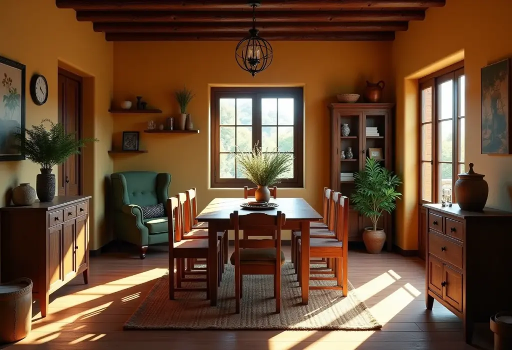 Sala de estar rústica com móveis mineiros.