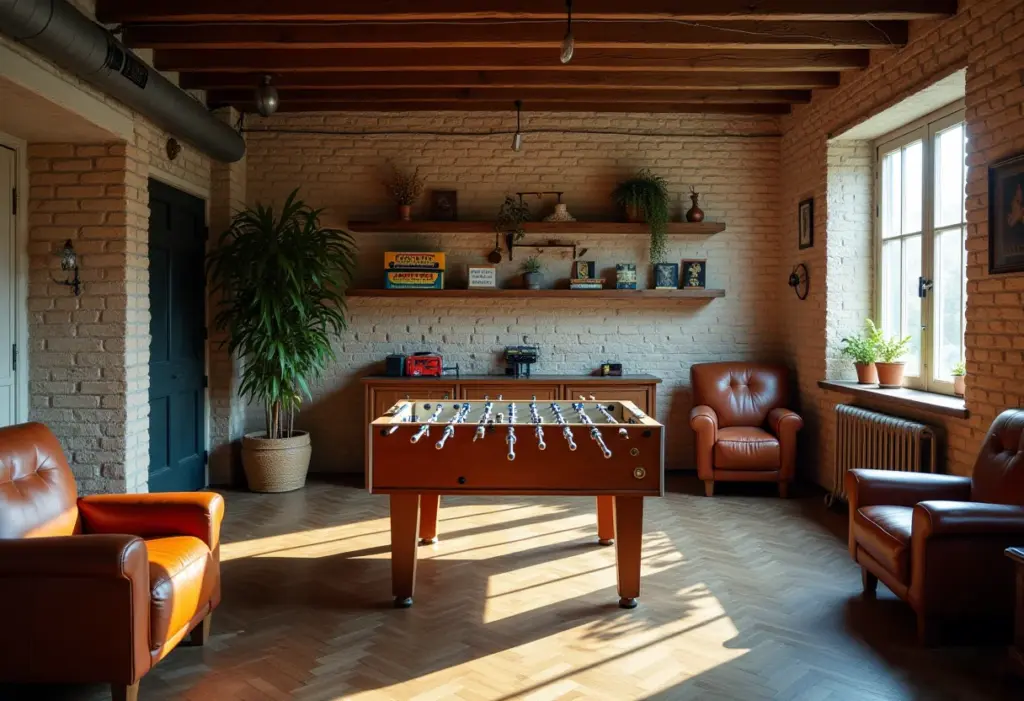 Sala de jogos rústica com mesa de pebolim vintage e paredes de tijolo aparente.