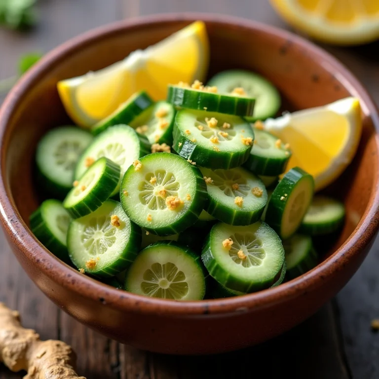 Salada de pepino com limão e gengibre em uma tigela rústica.